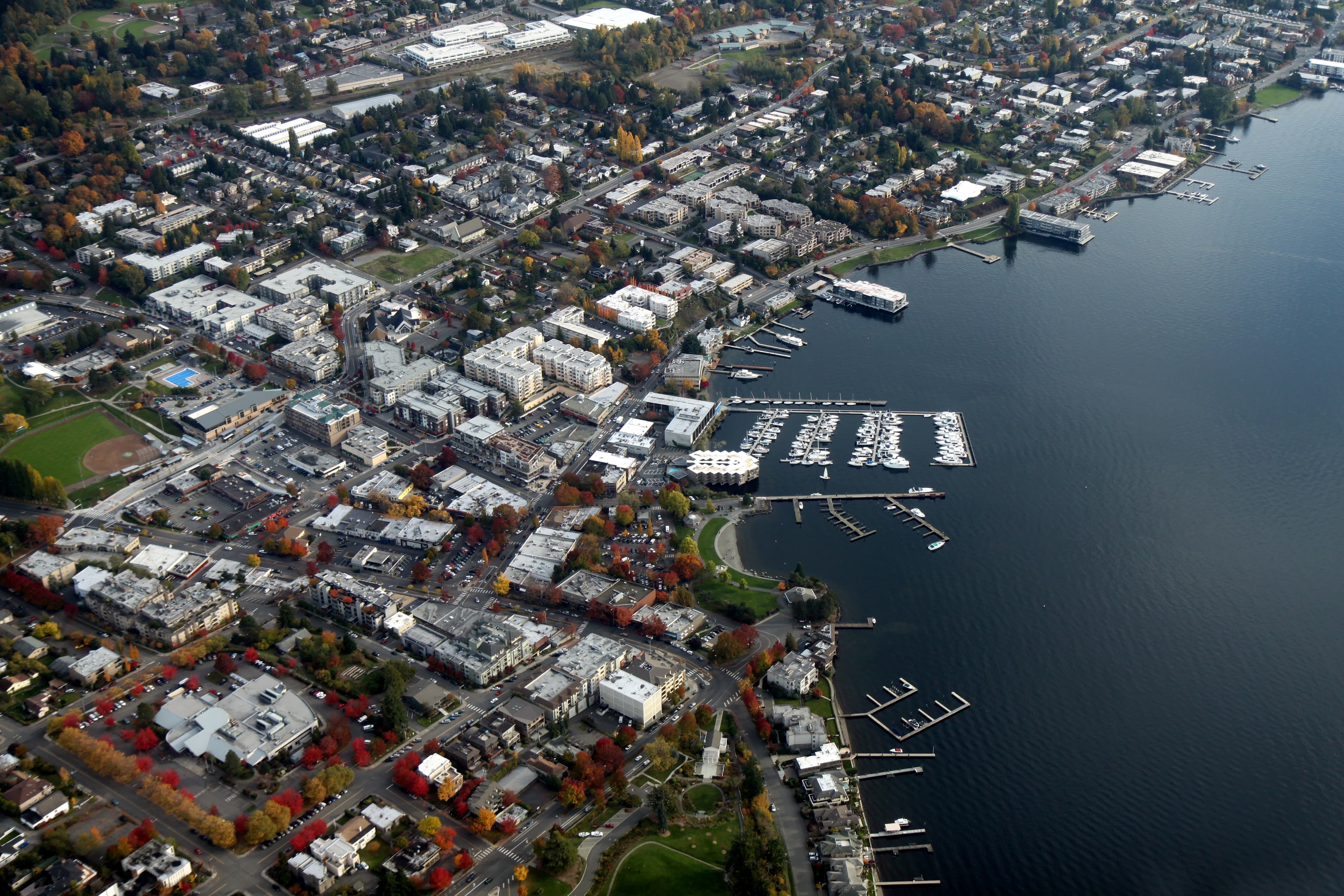 Aerial view of Kirkland, Washington on Lake Washington